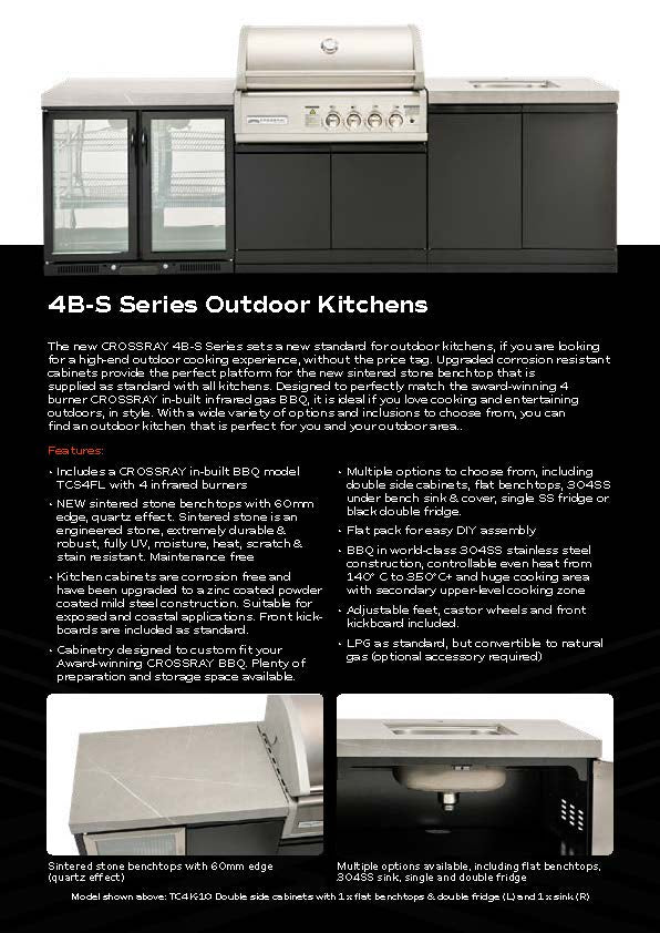 Crossray TC4K-09 Four Burner Gas BBQ Outdoor Kitchen with Double Drinks Fridge, Grey Top