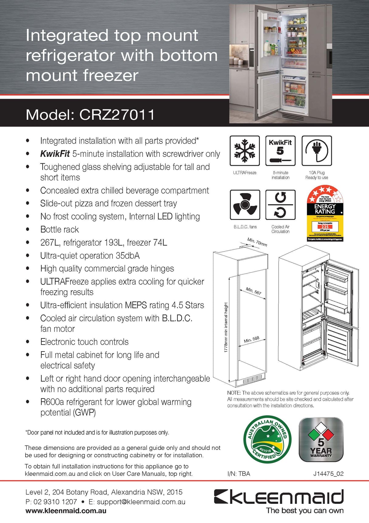 Kleenmaid CRZ27011 270L Integrated Top Mount Refrigerator with Bottom Mount Freezer