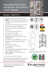 Kleenmaid CRZ27011 270L Integrated Top Mount Refrigerator with Bottom Mount Freezer