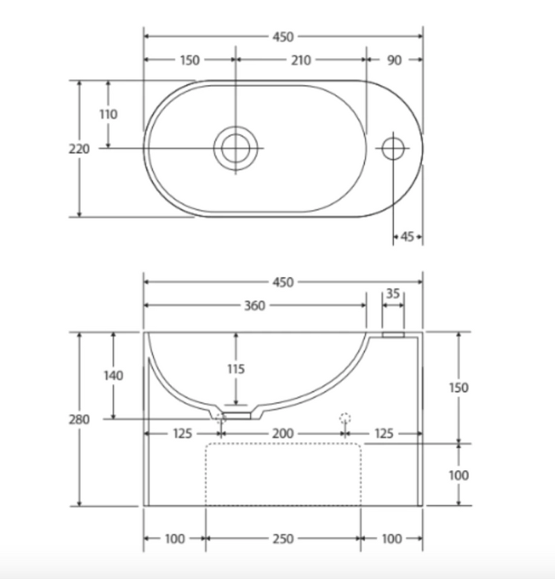 Fienza CSB311-1 Ari Cast Stone Wall Basin, One Tap Hole - Special Order