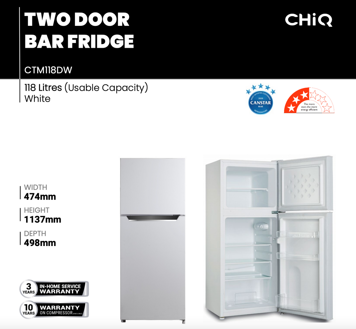 CHiQ CTM118DW 118L Top Mount Fridge - Ex Display