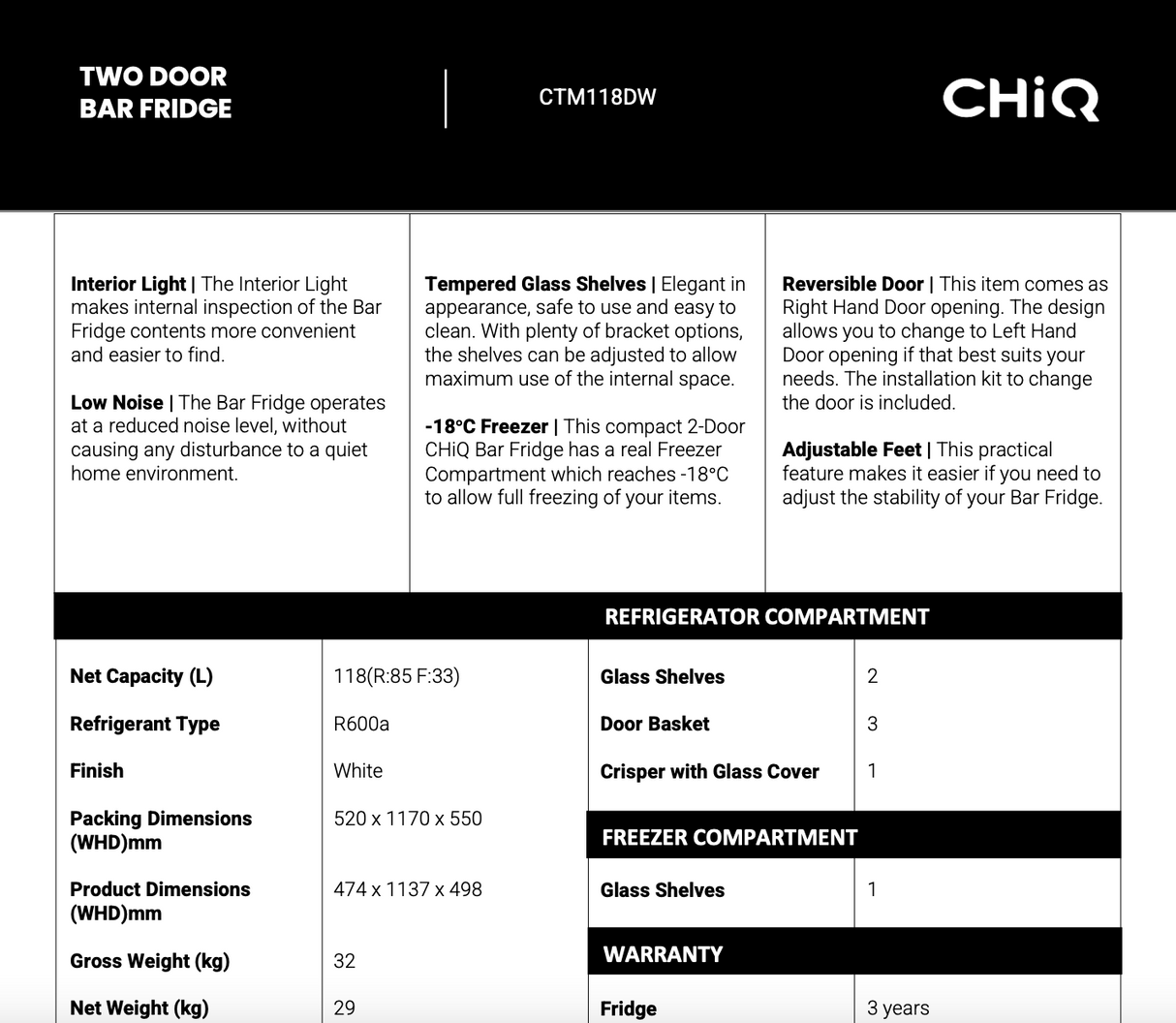 CHiQ CTM118DW 118L Top Mount Fridge - Ex Display