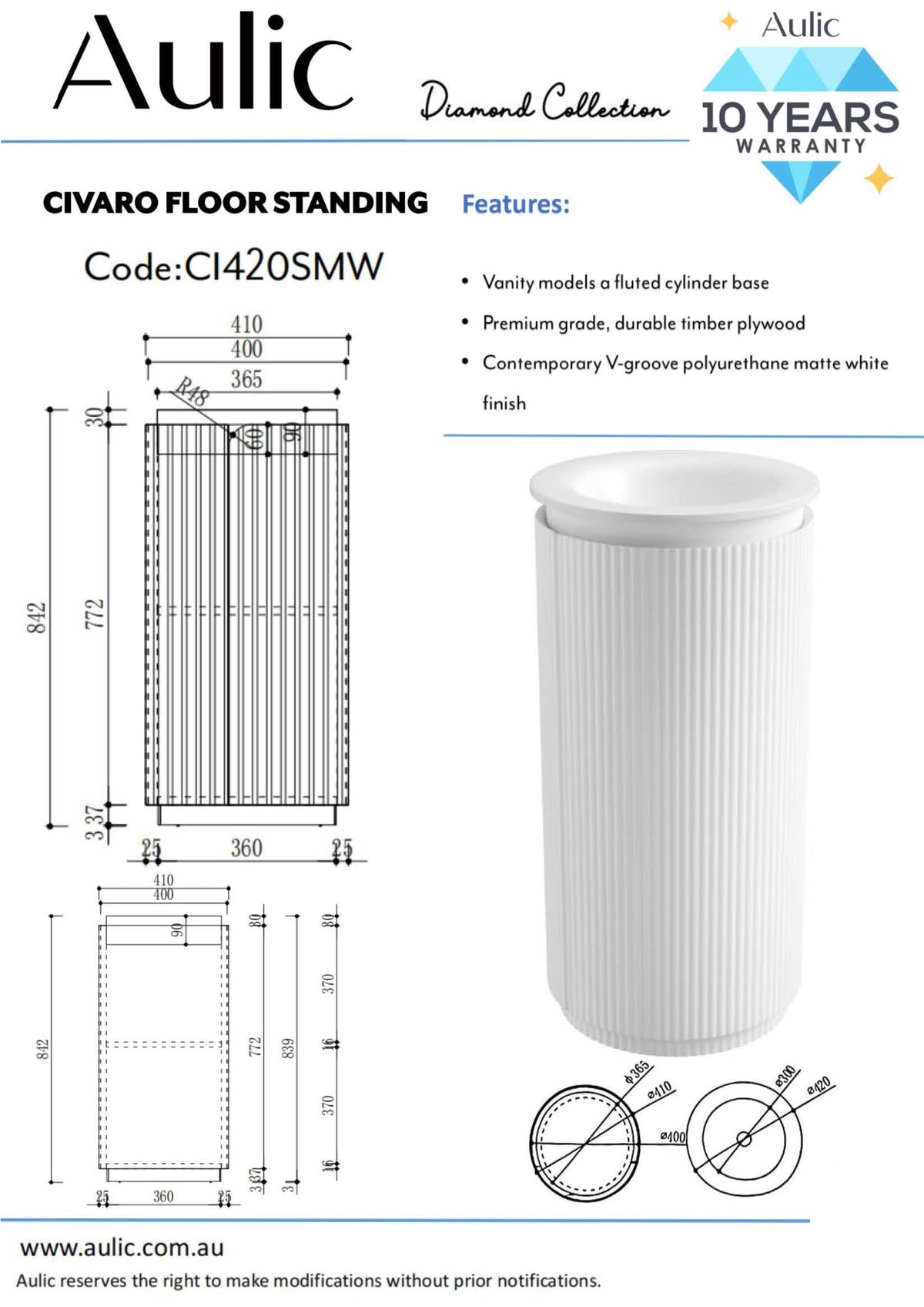 Aulic CI420SMW Civaro Matte White Floor Standing Vanity - Cabinet Only - Pillar Fluted