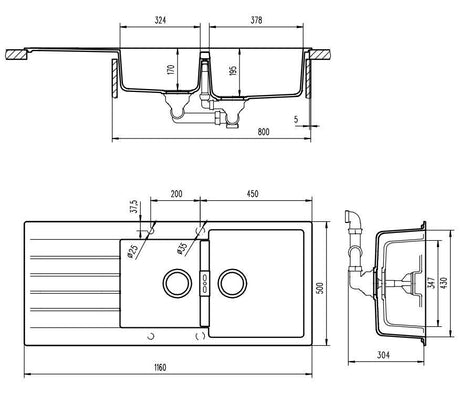 Abey D200B Schock Signus 1 And 3/4 Bowl Sink With Drainer Granite Kitchen Sinks