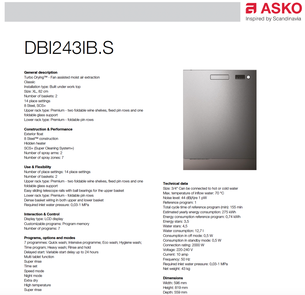 ASKO 60cm Style Built-In Dishwasher Black Steel DBI243IBSAU - ASKO Seconds Discount