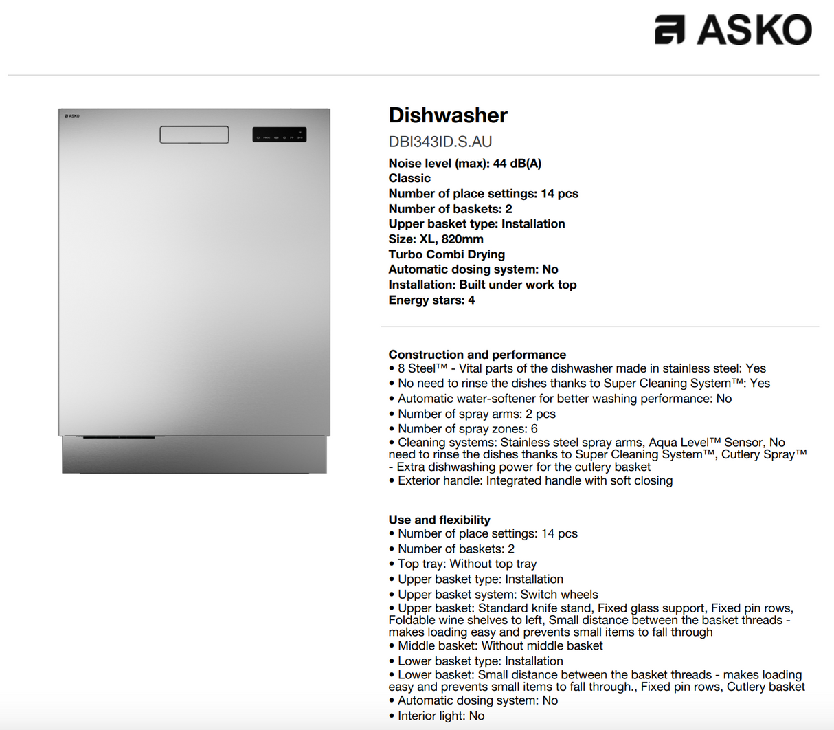 ASKO 60cm Classic Built-In Dishwasher Stainless Steel, DBI343IDSAU - ASKO Seconds Discount