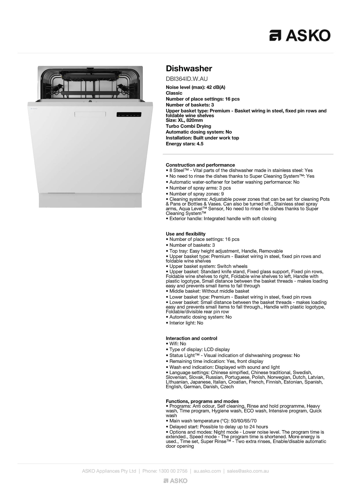 ASKO 60cm Classic Built Under Dishwasher White, DBI364IDWAU - ASKO Seconds Discount
