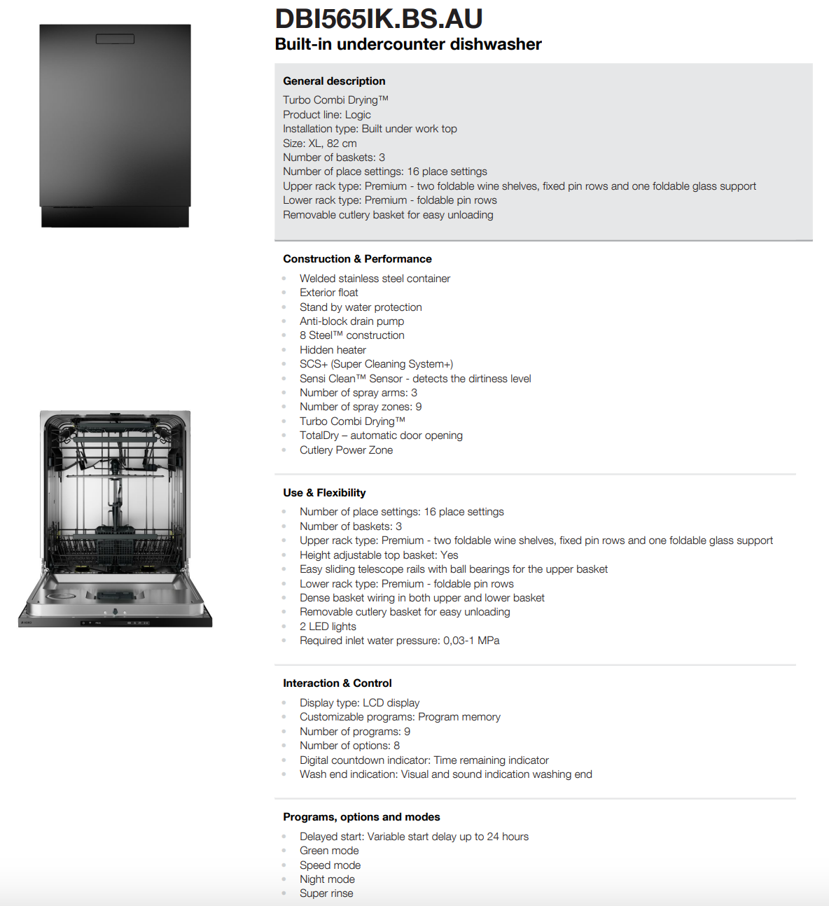 ASKO 60cm Logic Built Under Dishwasher Black Steel, DBI565IKBSAU - Ex Display Discount