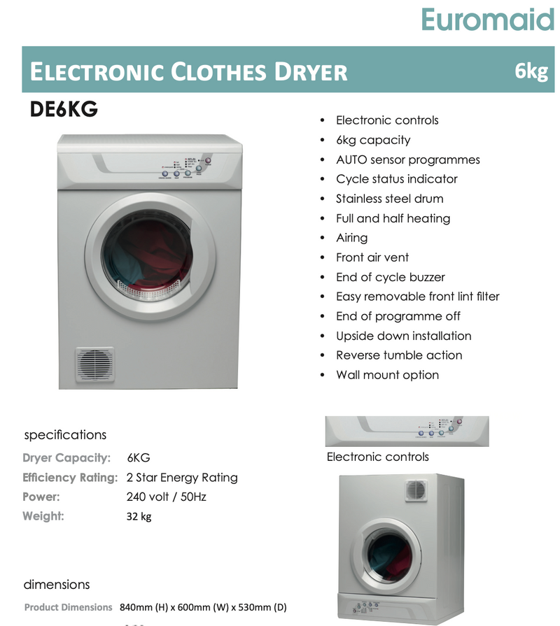 Euromaid DE6KG 6kg Sensor Vented Dryer - Euromaid Seconds Discount