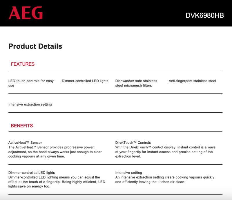AEG DVK6980HB 90cm Inclined Black Canopy Rangehood - AEG Clearance Discount