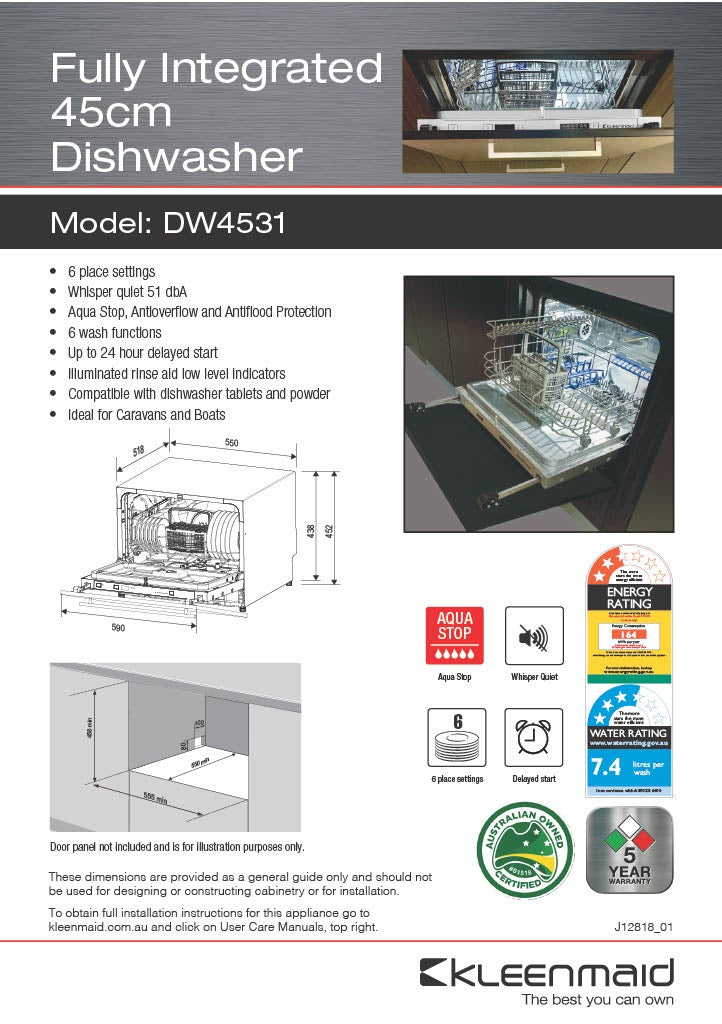 Kleenmaid DW4531 45cm Fully Integrated Compact Dishwasher