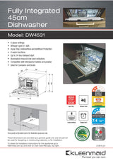 Kleenmaid DW4531 45cm Fully Integrated Compact Dishwasher