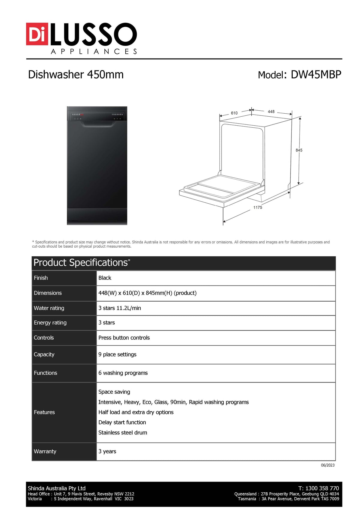 Di Lusso DW45MBP 45cm Black Finish Slimline Dishwasher