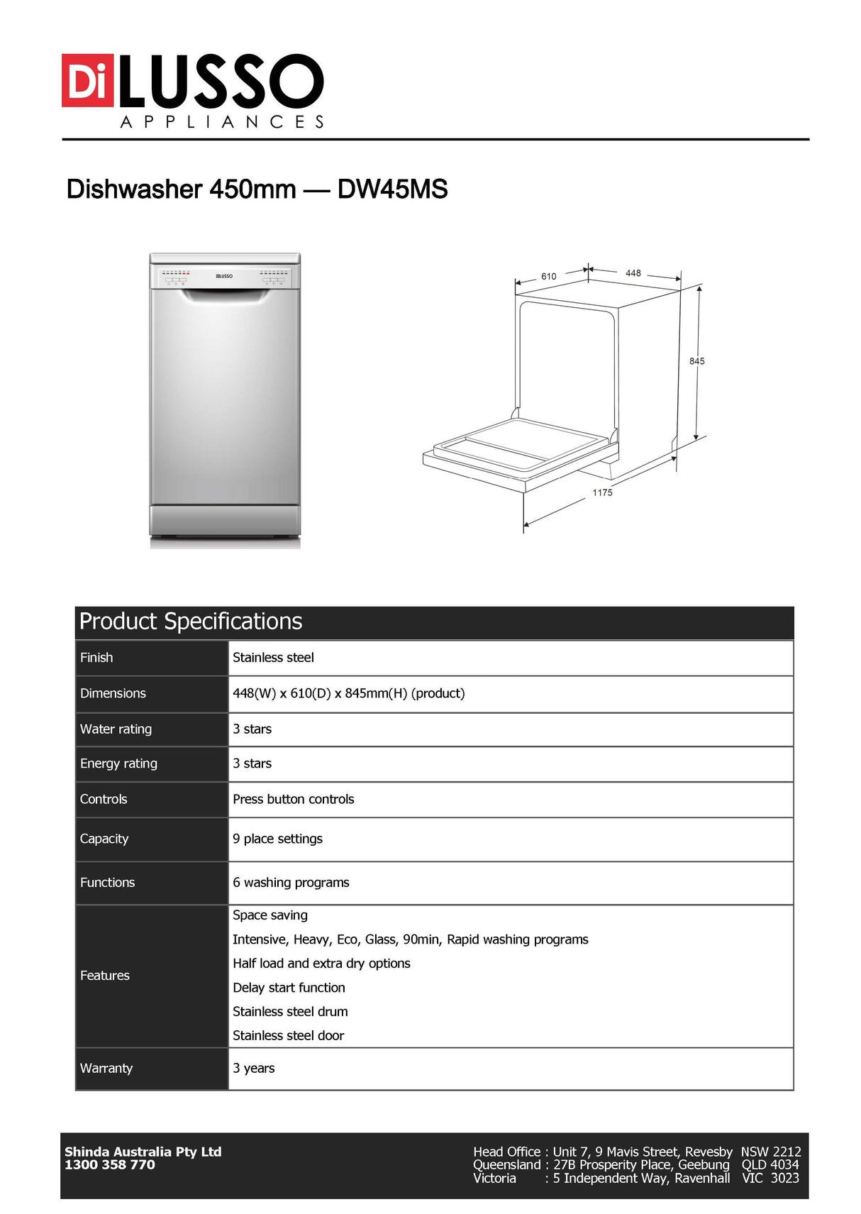 Di Lusso DW45MS 45cm Stainless Steel Slimline Dishwasher