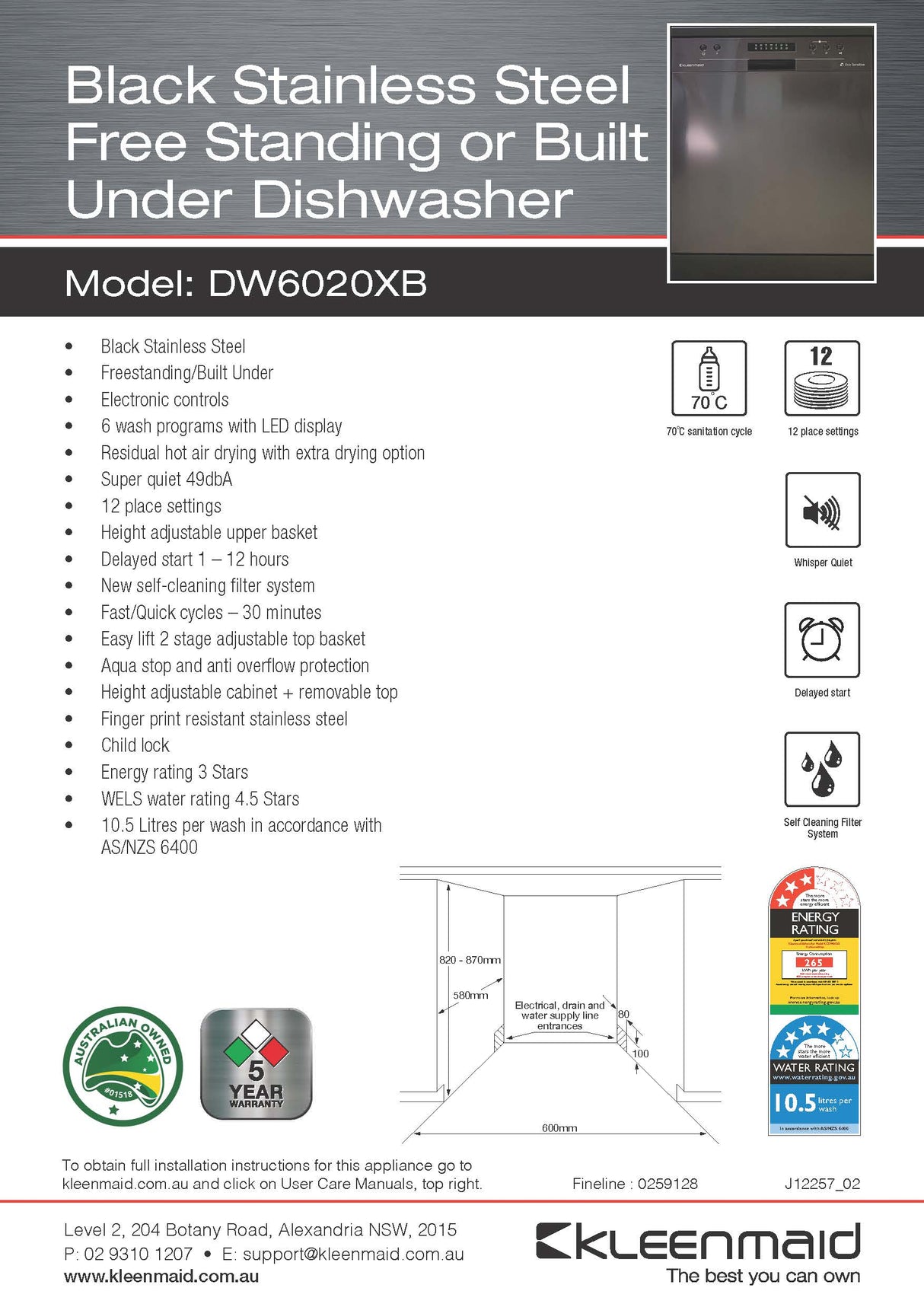 Kleenmaid DW6020XB 60cm Black Stainless Steel Free Standing or Build-Under Dishwasher