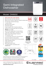 Kleenmaid DW6032 60cm Semi Integrated Dishwasher