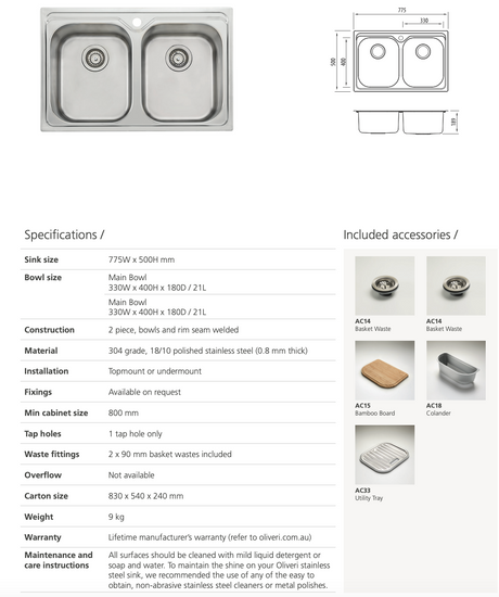 Oliveri Dz23Tu Diaz Double Bowl Stainless Steel Sink Top Mounted Kitchen Sinks