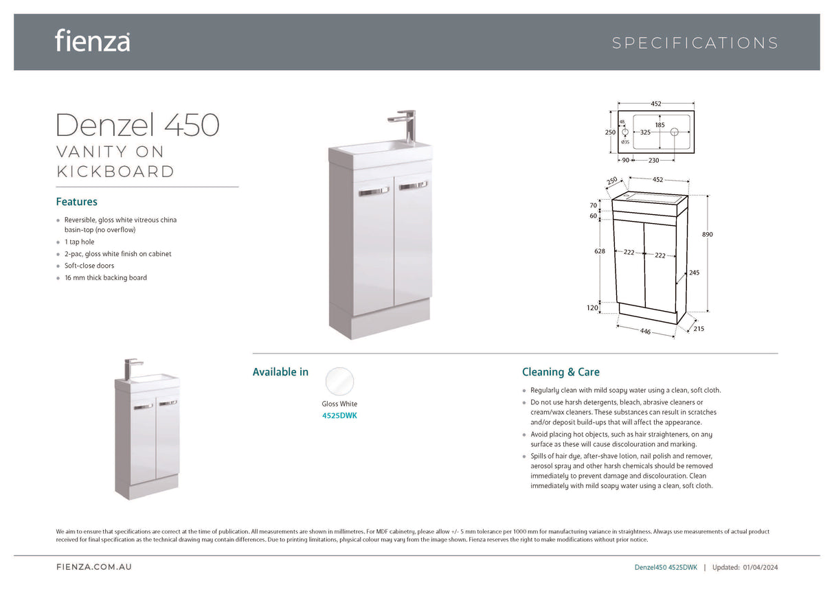 Fienza 4525DWK Denzel 450 Vanity on Kickboard