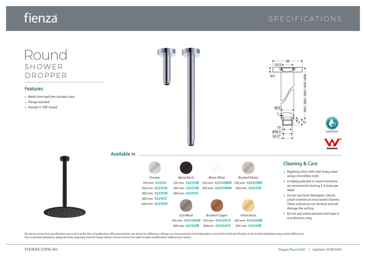 Fienza 422114MW Kaya Round Shower Dropper, Matte White