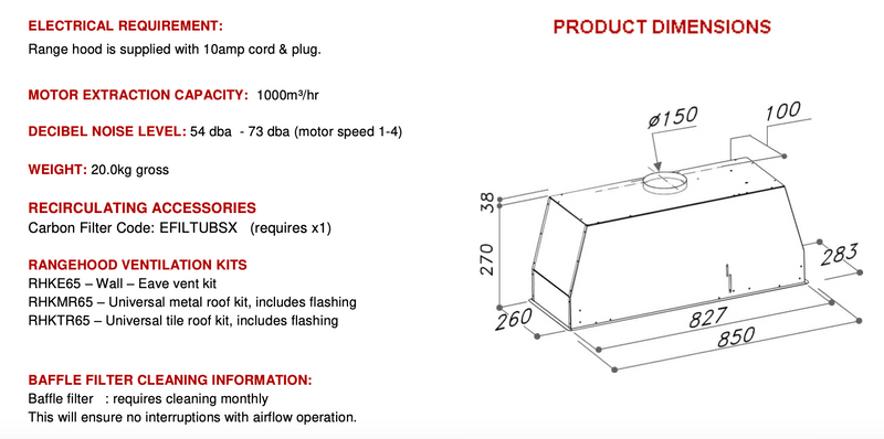 Euro Appliances Premium Range E85UBSX 85cm Italian Made Under Cupboard Rangehood - Clearance Discount