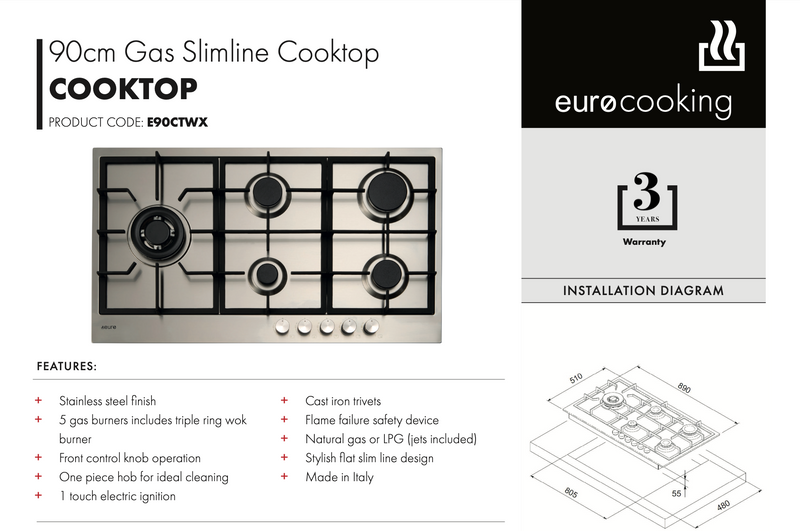 Euro Appliances E90CTWX 90cm 5 Burner Stainless Steel Gas Cooktop - Ex Display Discount