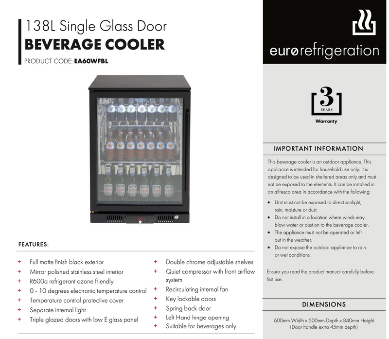 Euro Appliances EA60WFBL Black Finish 138L Beverage Fridge