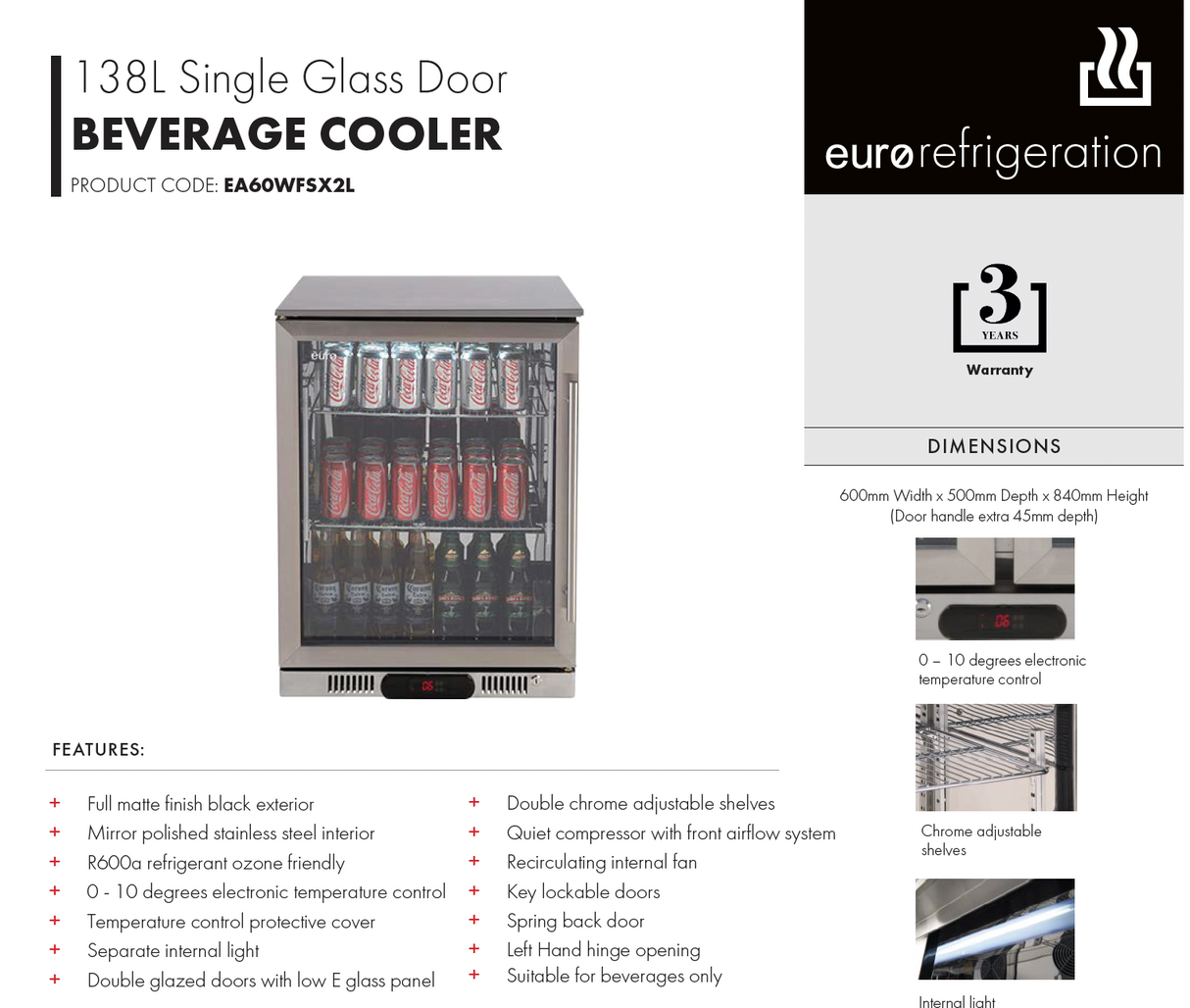 Euro Appliances EA60WFSX2L Single Door Beverage Cooler Fridge