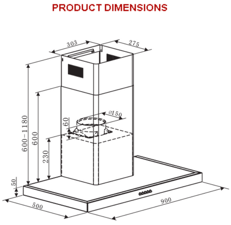 Euro Appliances Ea90Strs 90Cm Straight Touch Control Canopy Rangehoods