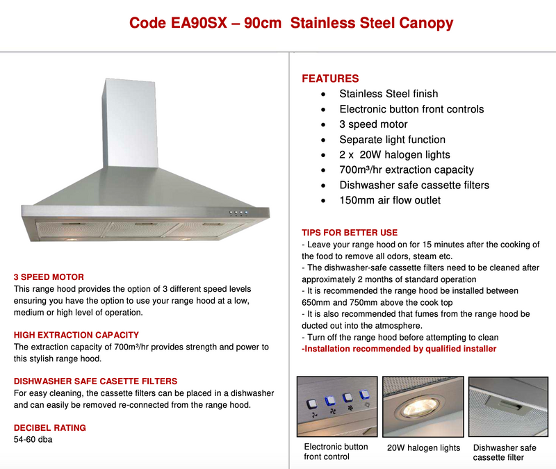 Euro Appliances EA90SX 90cm Stainless Steel Canopy Rangehood - Ex Display Discount - Next Day Availability