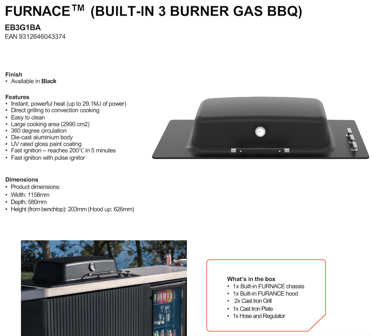 Everdure EB3G1BA 3 Burner Furnace Built In BBQ, Black