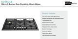 Euromaid EC95GLB 90cm 5 Burner Black Glass Gas Cooktop - Ex Display Discount