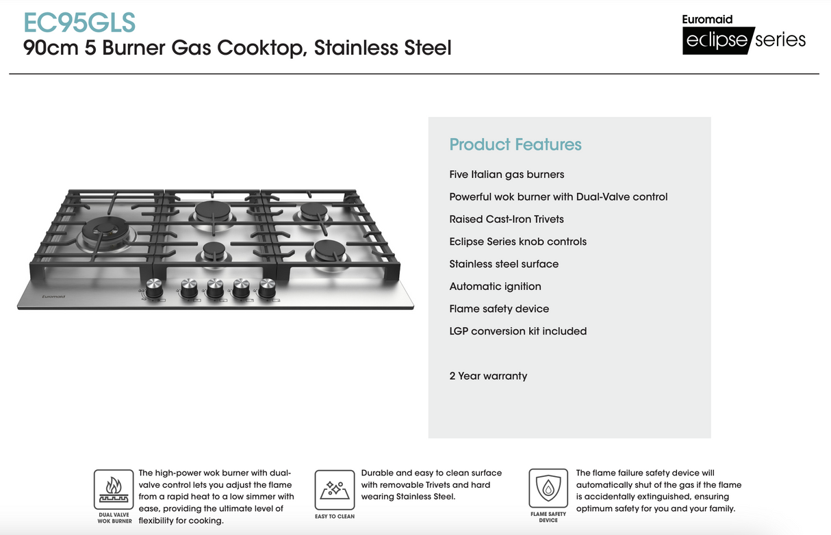 Euromaid 90cm Gas Cooktop With 5 Burners, Stainless Steel EC95GLS