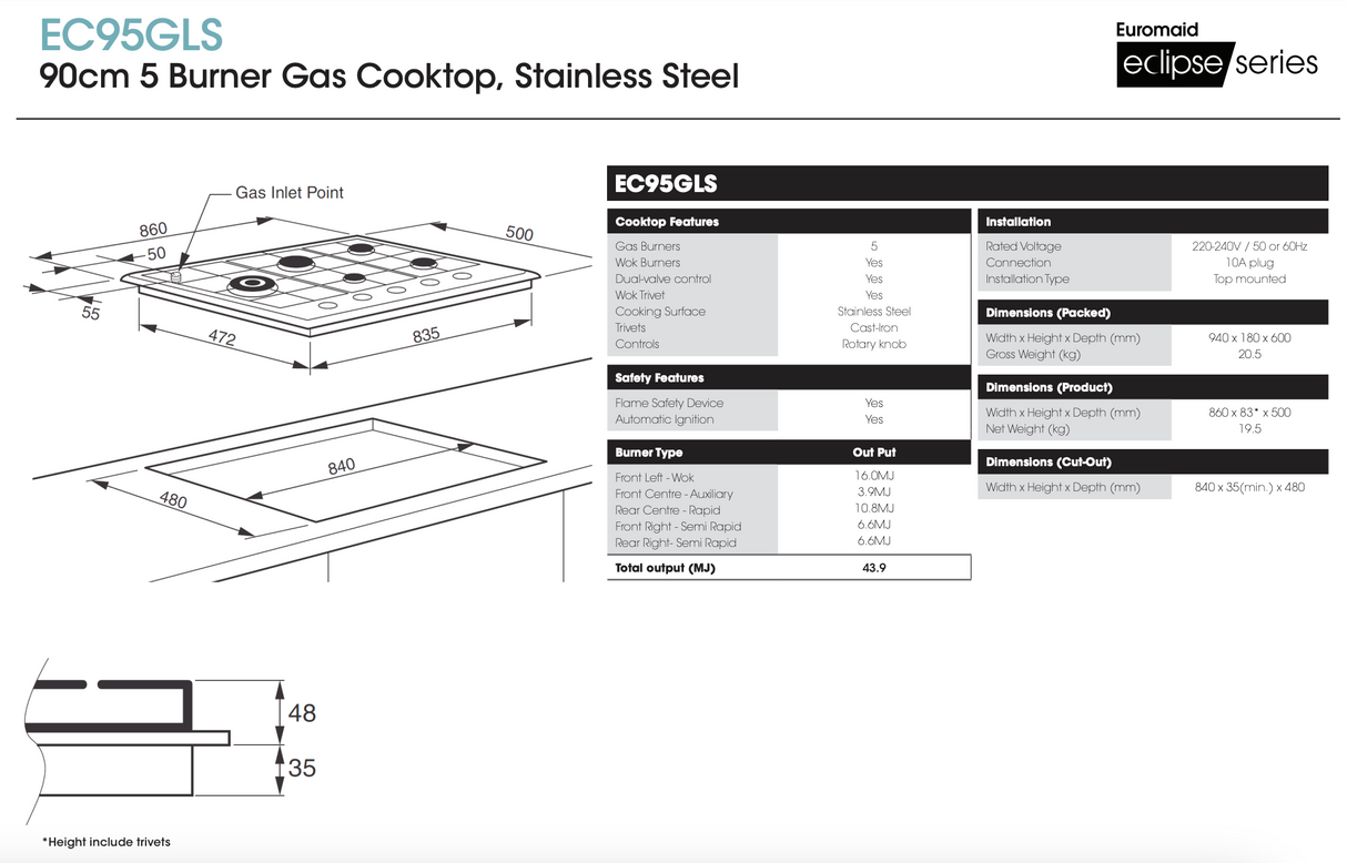 Euromaid 90cm Gas Cooktop With 5 Burners, Stainless Steel EC95GLS