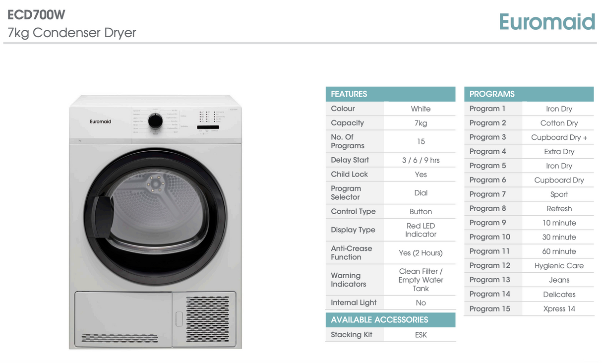 Euromaid ECD700W 7kg White Condenser Dryer - Online Only
