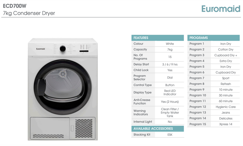 Euromaid ECD700W 7kg White Condenser Dryer