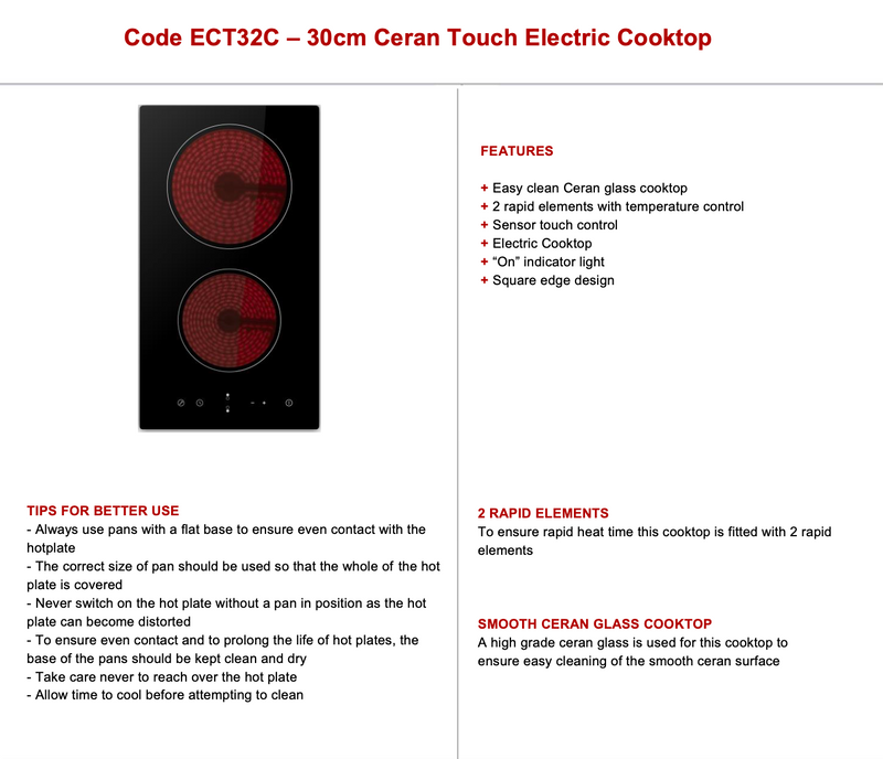 Euro Appliances ECT32C Two Cooktop Ceran Touch Electric 30cm