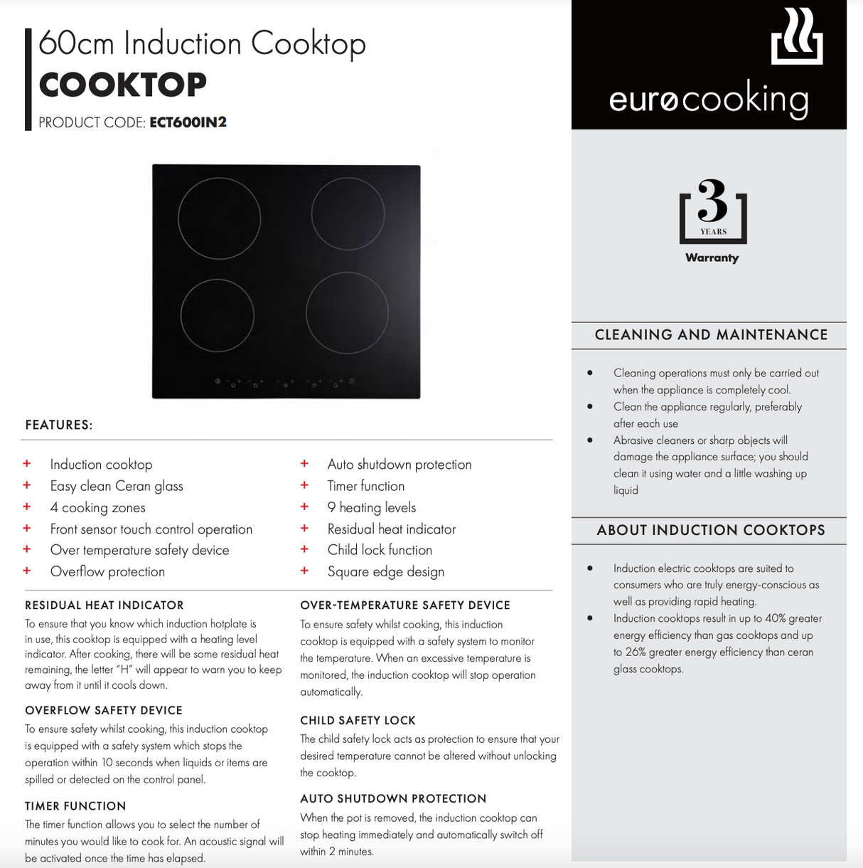 Euro Appliances ECT600IN2 60cm Induction Cooktop - Pre Order