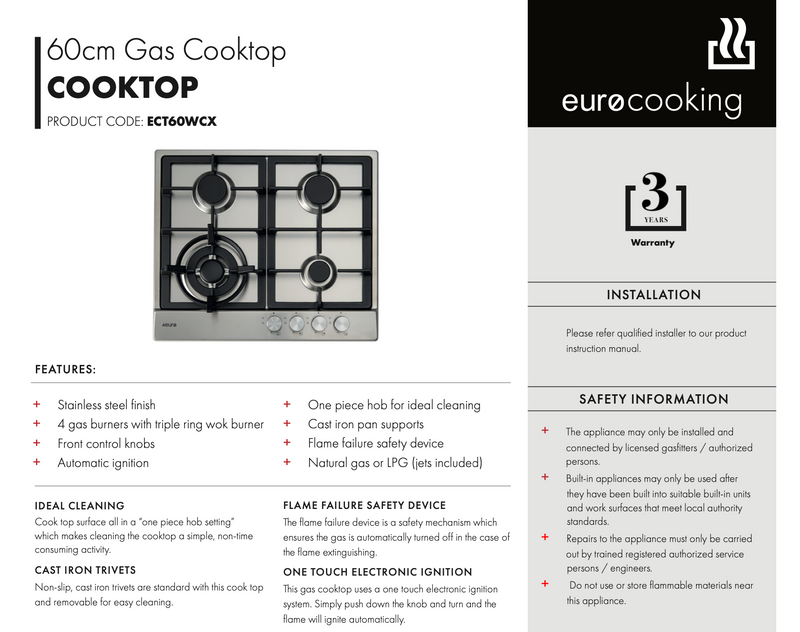 Euro Appliances ECT60WCX 60cm Natural Gas Cooktop - Special Order