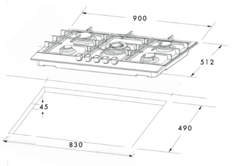 Euro Appliances Ect900Gbk2 90Cm 5 Burner Gas On Glass Cooktop