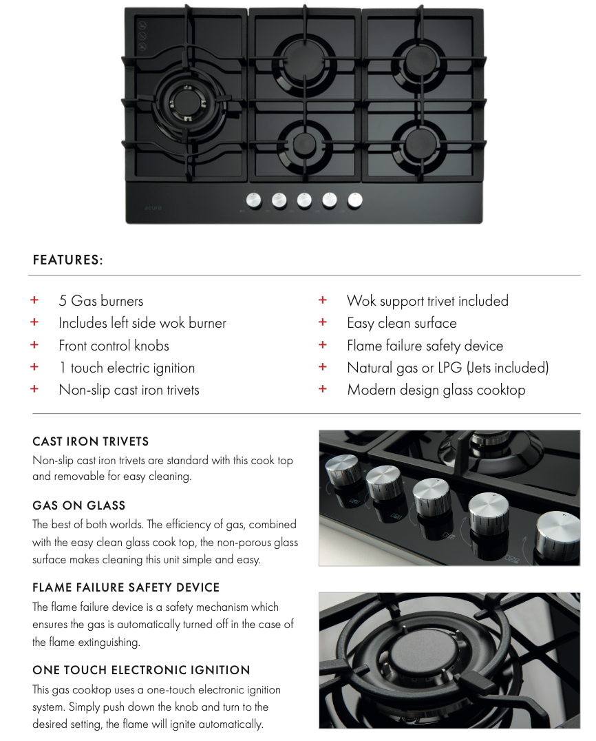 Euro Appliances ECT900GBK 90cm 5 Burner Gas on Glass Cooktop