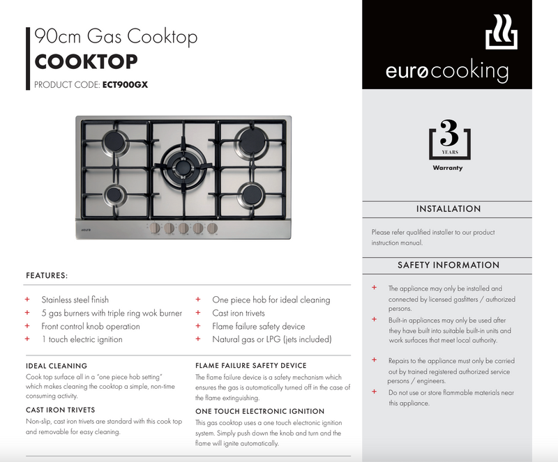 Euro Appliances ECT900GX 90cm Natural Gas Cooktop - Cosmetic Defect Discount - Next Day Availability