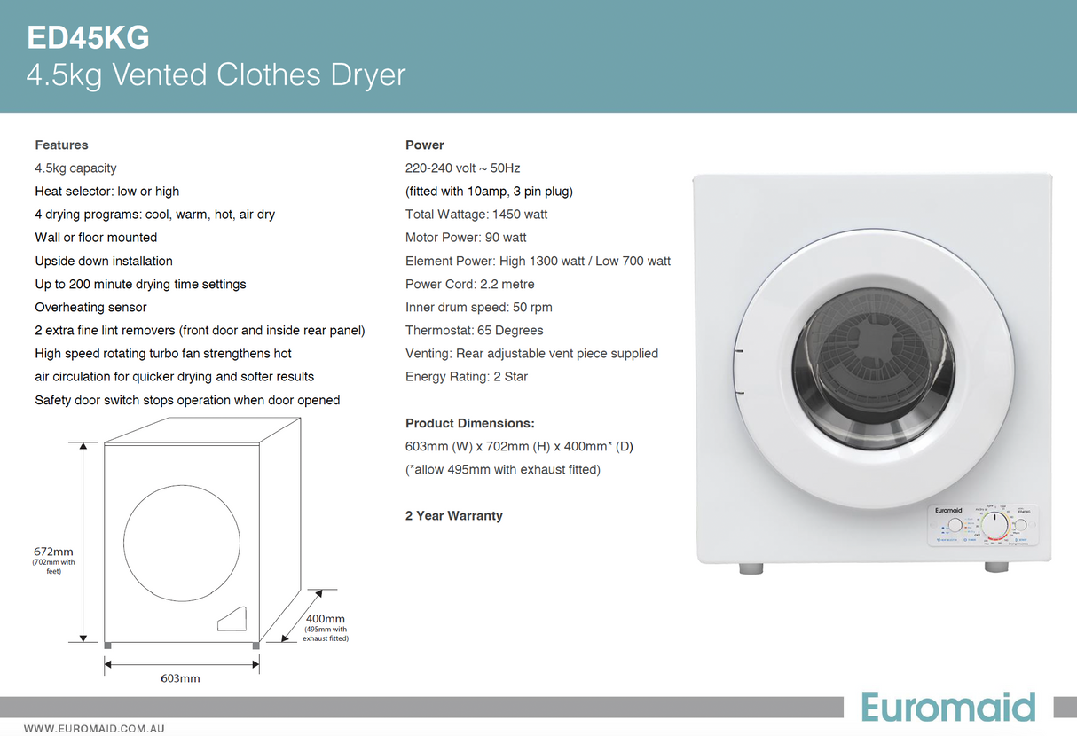 Euromaid ED45KG 4.5kg Clothes Dryer - Online Only