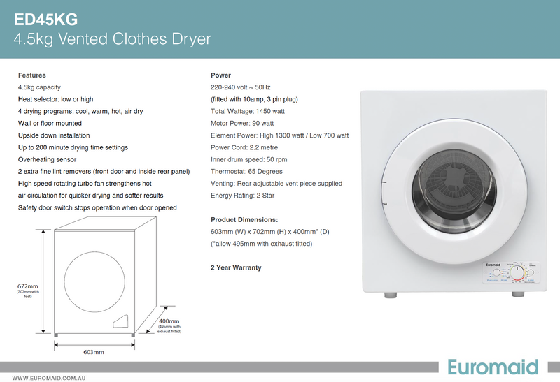 Euromaid ED45KG 4.5kg Clothes Dryer - Ex Display Discount