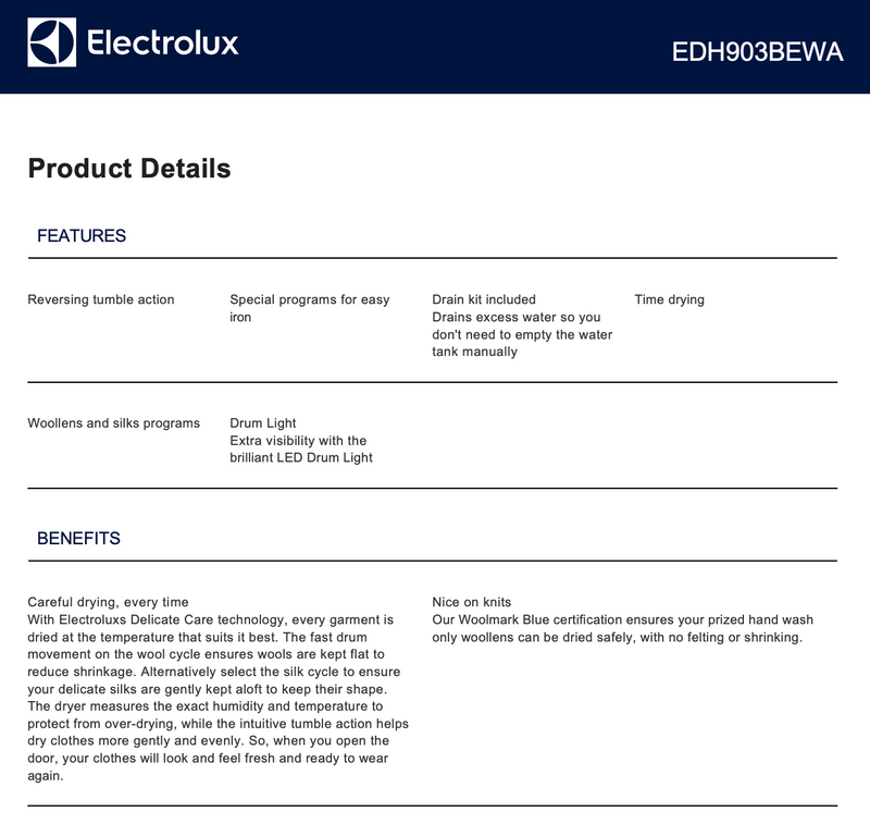 Electrolux EDH903BEWA 9kg Ultimate Care Heat Pump Dryer – Electrolux Seconds Discount