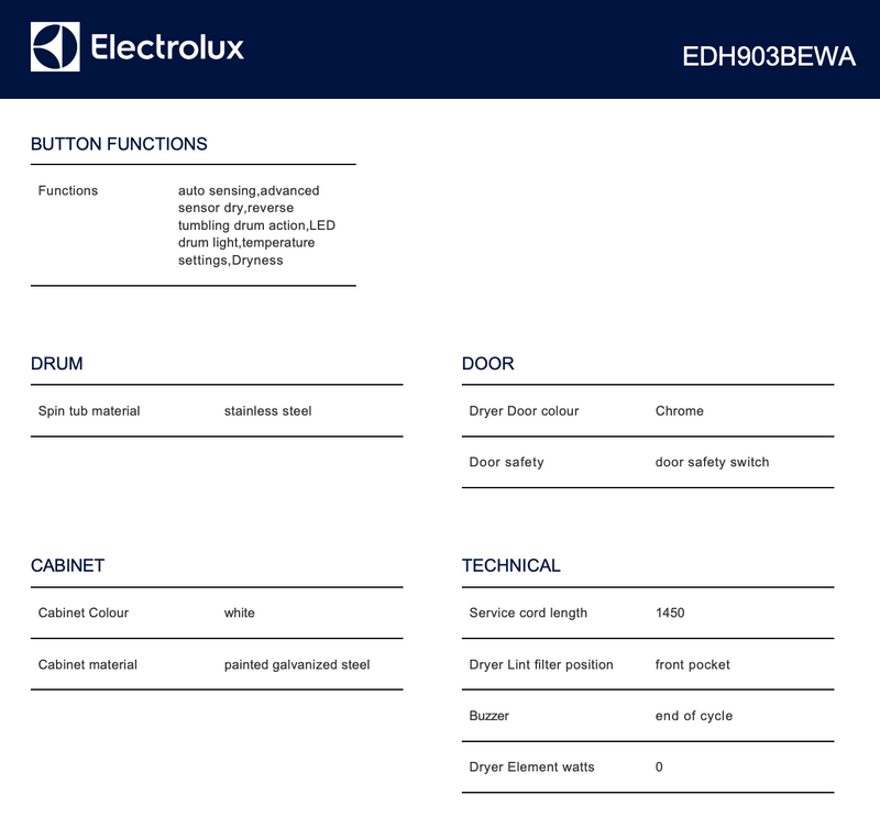 Electrolux EDH903BEWA 9kg Ultimate Care Heat Pump Dryer – Electrolux Seconds Discount