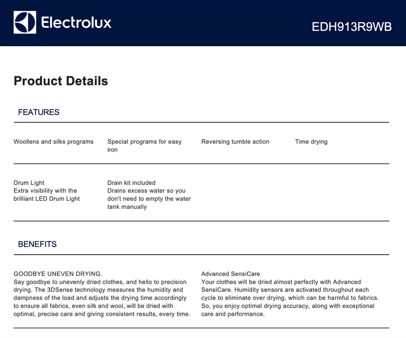 Electrolux EDH913R9WB 9kg White UltimateCare 900 Heat Pump Dryer - Electrolux Seconds Discount