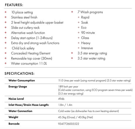 Euro Appliances Eds45Xs 45Cm Stainless Steel Dishwasher Slimline Dishwashers