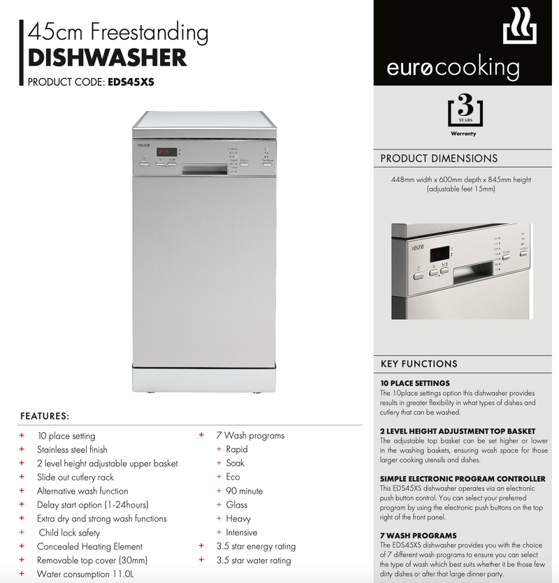 Euro Appliances EDS45XS 45cm Stainless Steel Dishwasher with Top Cutlery Draw - Cosmetic Defect Discount - Next Day Availability