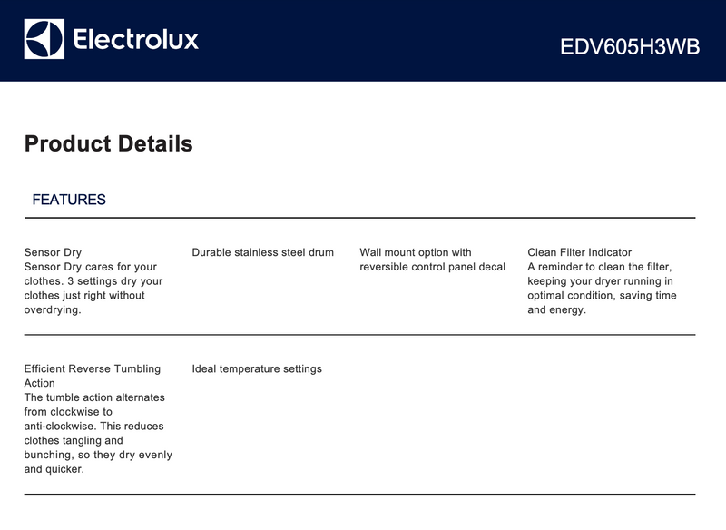 Electrolux EDV605H3WB 6kg Vented Dryer - Electrolux Seconds Discount