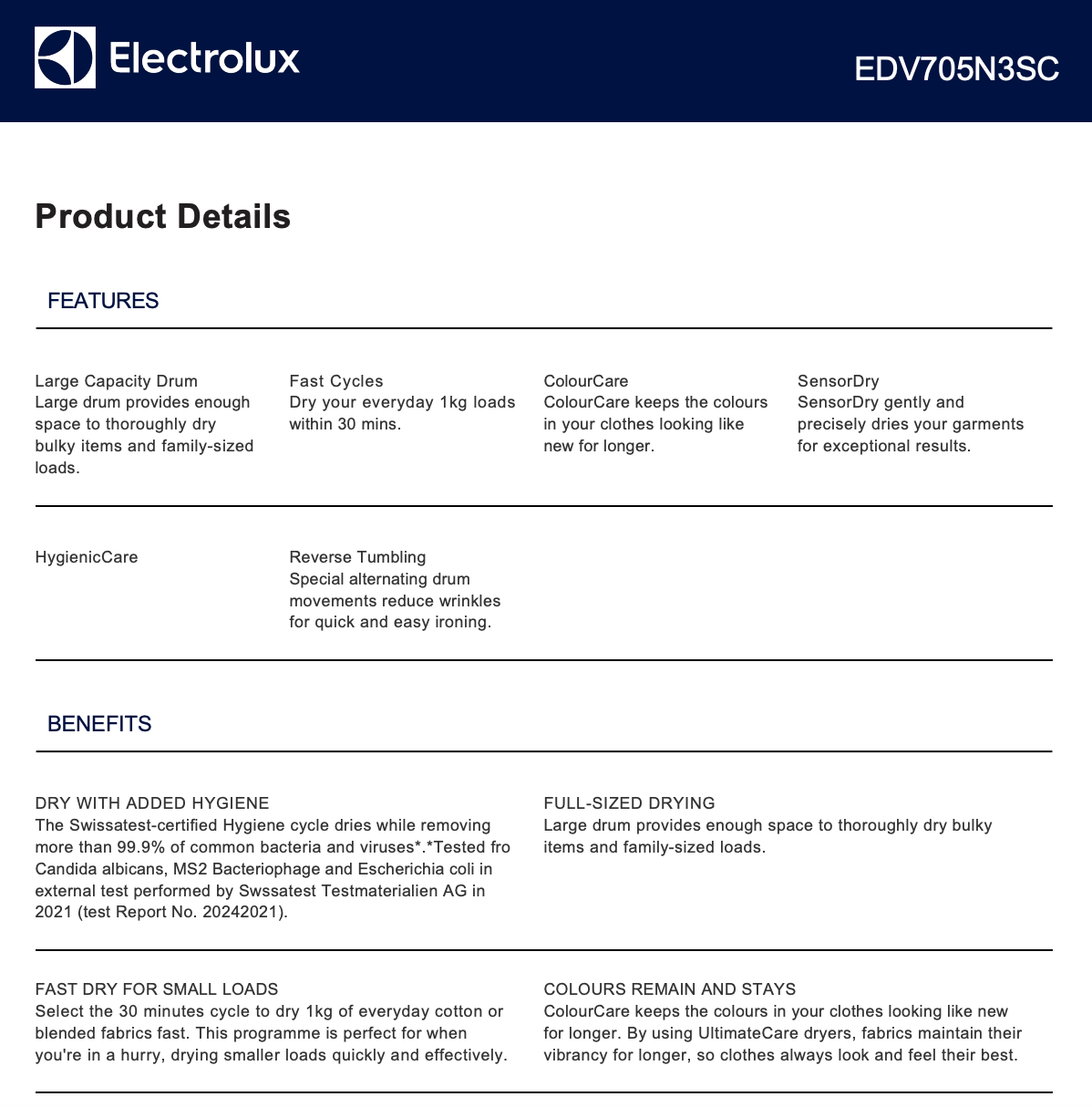Electrolux EDV705N3SC 7kg Vented Tumble Dryer with SensorDry - Electrolux Factory Seconds